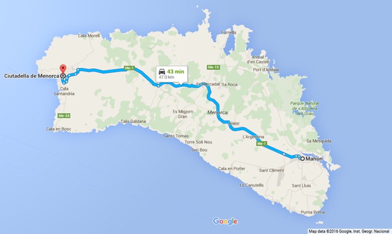 Driving across Menorca map