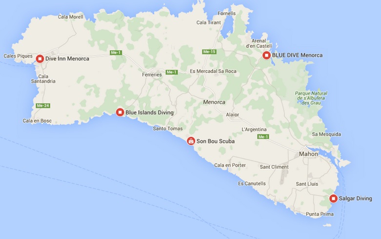 Menorca Diving Locations Map